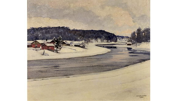 Niilo Eklundin öljymaalaus kankaalle, Talvinen Kymijoki, 1923. Eklundin Talvinen Kymijoki kuvaa jokea vanhan pappilan rantatörmältä nähtynä, joen yli Niskalaan ja Kelttiin päin.