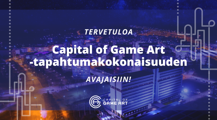 Kaupunkikuva illan hämyssä ylhäältä kuvattuna. Teksti Capital of Game Art