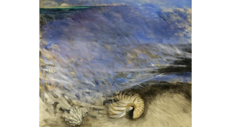 Irmeli Tarmon maalaus Vuorovesi (1991) vie katsojan/kokijan matkalle kahden maailman rajalle, veden pinnalle ja pinnan alle.
