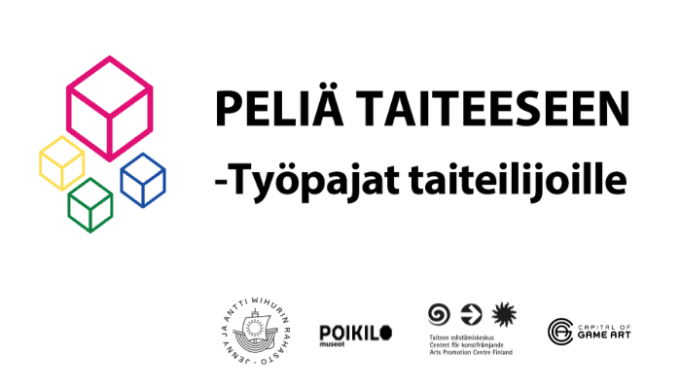 Peliä taiteesta -työpajat taiteilijoille, Värikkäitä kuutioita sekä logot tukijoista.