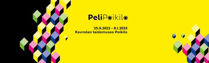 Pelipoikilo-näyttelyn logo ja värikkäät kuutiot