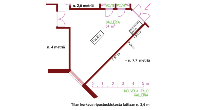 Poikilo-gallerian pohjakuva, jossa näkyvillä sinien mitat