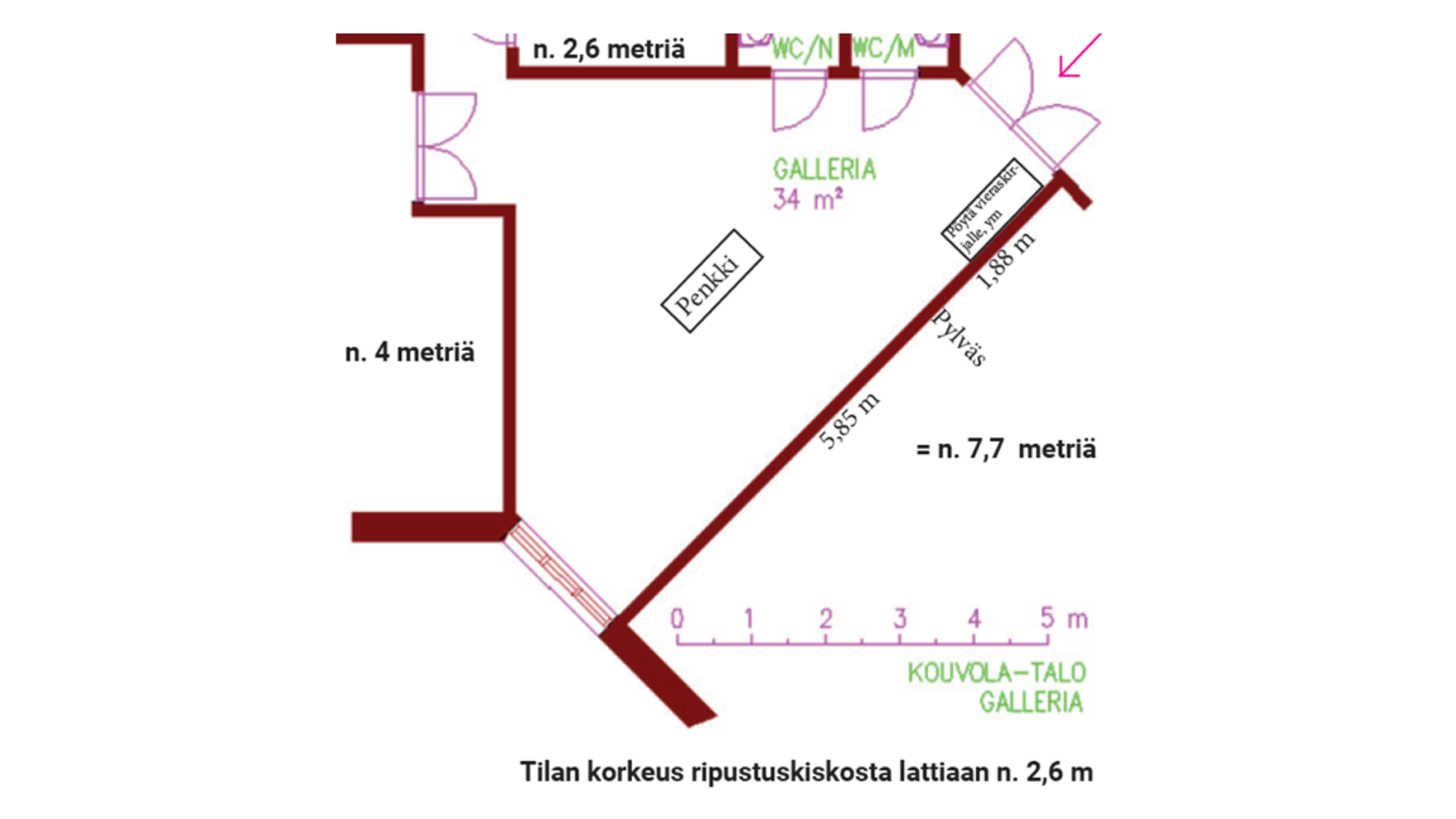 Poikilo-gallerian pohjakuva, jossa näkyvillä sinien mitat