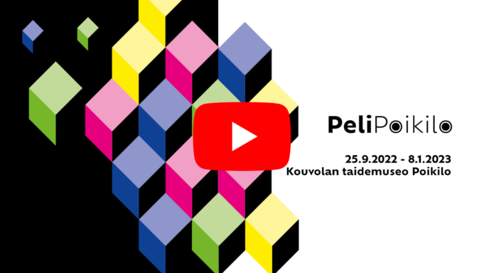 Pelipoikilon logo ja värikkäät kuutiot. Kuva ohjaa katsomaan näyttelyn avajaisten tallennetta