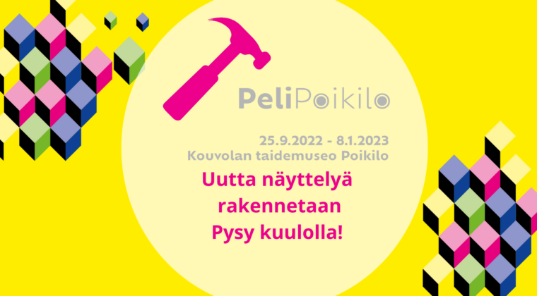 Pelipoikilo logo ja tekstii:uutta näyttelyä ralennetaan, pysy kuulolla.