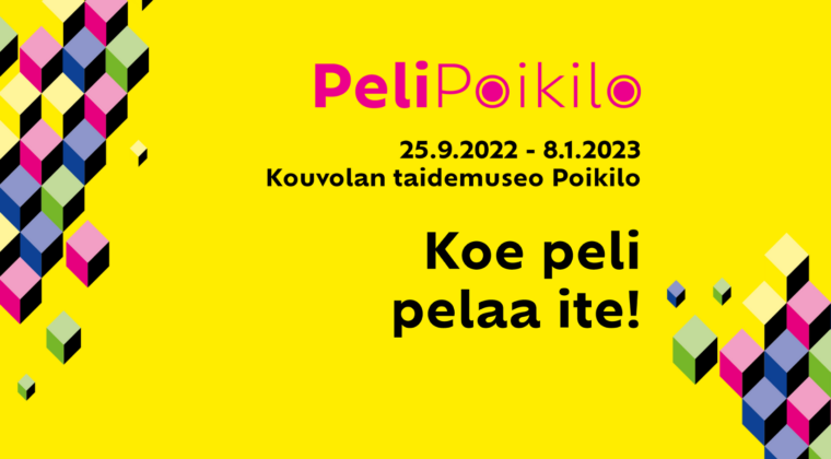 Pelipoikilo logo, värikkäät kuutiot ja teksti Koe peli, pelaa ite.