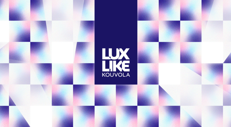 Kuvassa lukee Lux Like Kouvola ja taustalla näkyy sinisen ja vaaleanpunaisen sävyisiä kuutioita joissa näkyy heijastuksia.