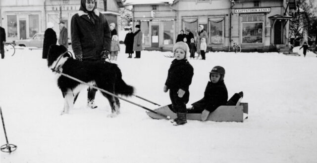 Etualalla lapsi istumassa koiran vetämässä puureessä. Vieressä seisoo toinen lapsi ja koiran edessä lasten äiti. Takana puisten Enbäckien talojen edustalla aikuisia ja lapsia.