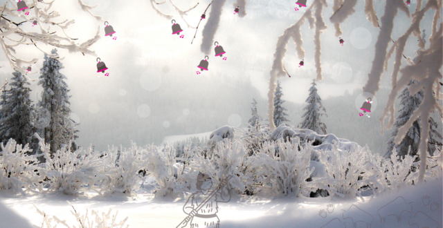 Talvinen metsämaisema jossa puiden oksilta riippuu tiukuja ja luolamiehen kuvia näkyy kinoksissa.