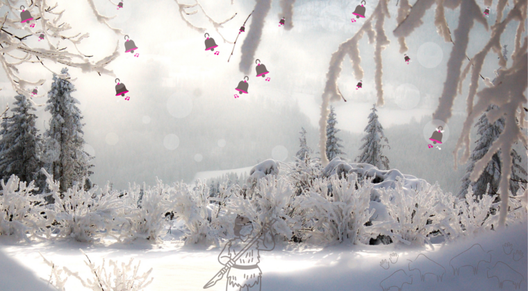 Talvinen metsämaisema jossa puiden oksilta riippuu tiukuja ja luolamiehen kuvia näkyy kinoksissa.