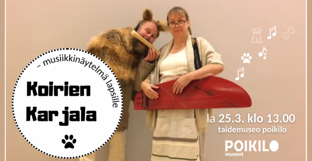 Kuvassa Koiraksi pukeutunut mies ja kanteletta kantava nainen.