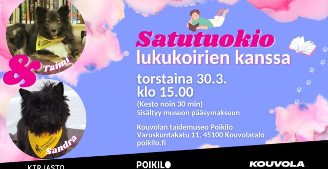 Kahden koiran valokuvat ja piirroskuva lukevasta vatsallaan makaavasta lapsesta. Tapahtuman tiedot kirjoitettuna.