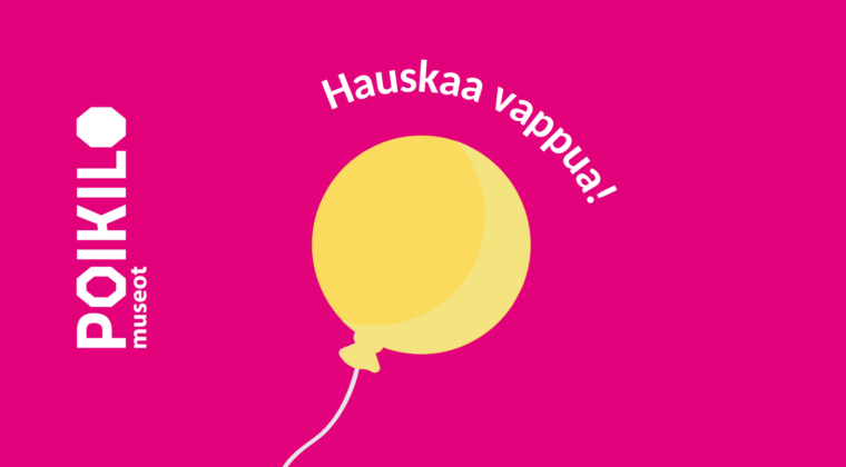 Pinkki tausta ja keltainen vappupallo. Teksti Hyvää vappua!