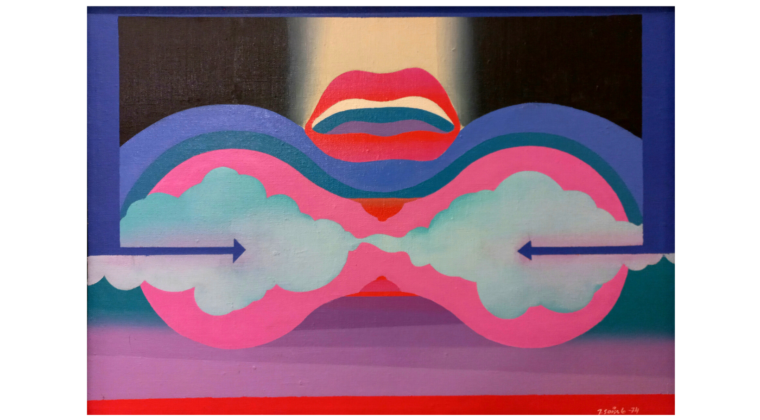Värikkäässä teoksessa näkyy punaiset huulet joiden alla on kaksi pilvimäistä kuviota.