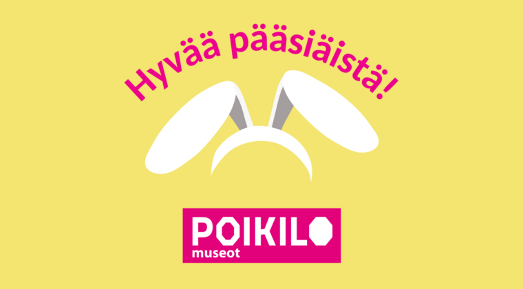 Pupun korvat keväisen keltaisella pohjalla ja toivotus Hyvää pääsiäistä!