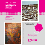 Muistojen kuvat -näyttelyn ilmoitus. Kouvola-aiheinen maalaus ja valokuva sekä tiedot näyttelyn ajankohdasta.