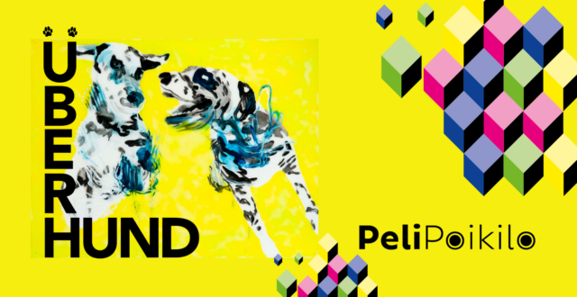 Keltainen tausta, kaksi dalmatialaista koiraa ja teksti Überhund. Pelipoikilo-teksti ja värikkäitä kuutioita.
