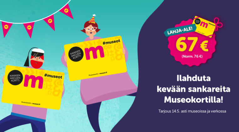 Piirroshahmot pitävät käsissään suurikokoisia keltaisia museokortteja.