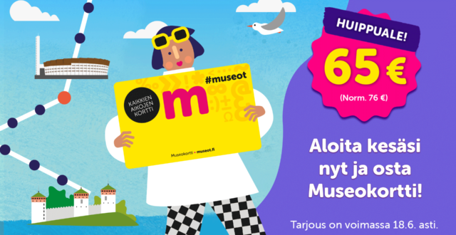 Grafiikka kuvassa nainen pitää kädessään suurta keltaista Museokorttia. Taustalla näkyy pelilaudan kaltainen mustin pistein merkitty reitti sekä Museokortti tarjous kirjoitettuna.