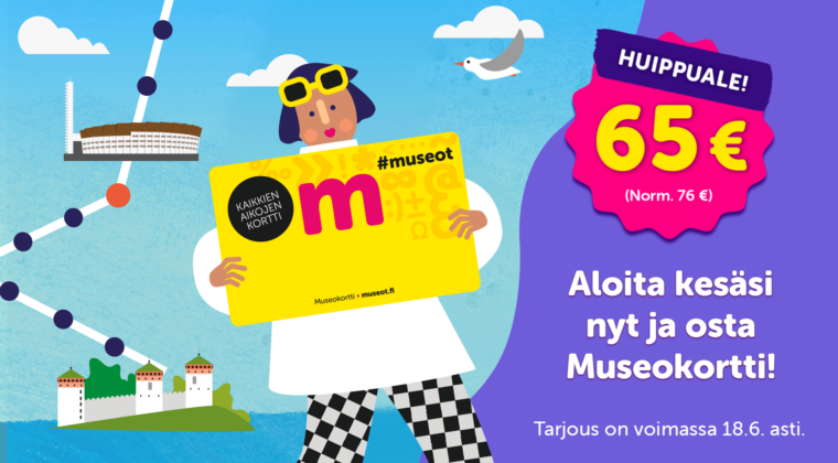 Grafiikka kuvassa nainen pitää kädessään suurta keltaista Museokorttia. Taustalla näkyy pelilaudan kaltainen mustin pistein merkitty reitti sekä Museokortti tarjous kirjoitettuna.