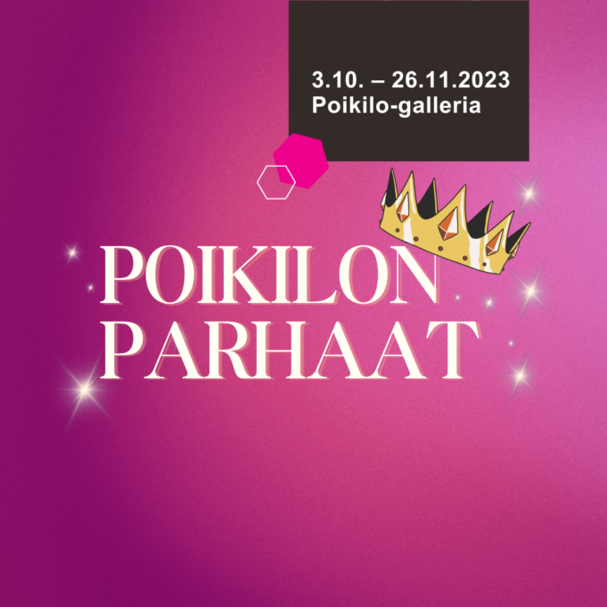 Pinkki tausta ja teksti Poikilon parhaat. Tekstissä N-kirjaimen kohdalla kruunu.