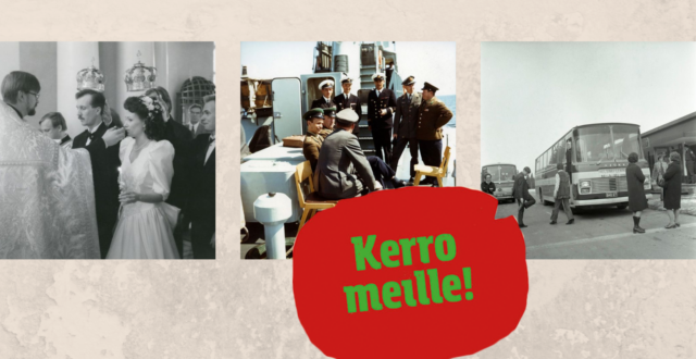 Kolme mustavalkoista valokuvaa ja teksti Kerro meille!