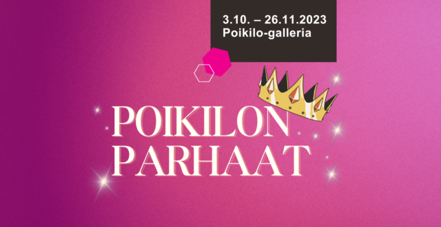 Pinkki tausta ja teksti Poikilon parhaat. Tekstin päällä roikkuu kultainen kruunu.
