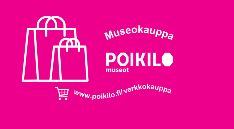 Museokaupan logo jossa kaksi kassia , Poikilo-museot logo ja verkko-osoite