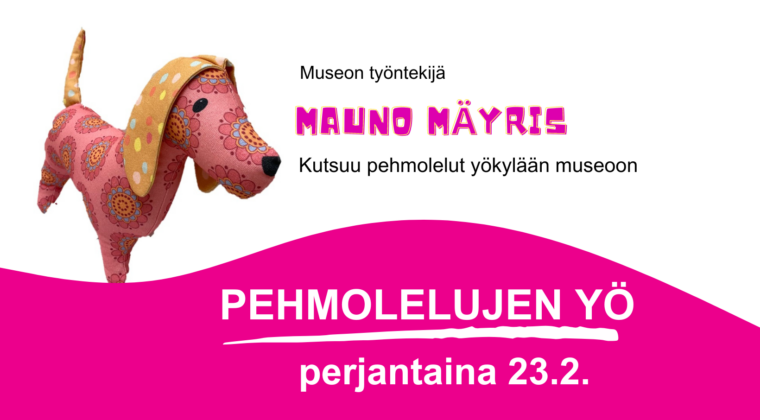 Lelukoira Mauno Mäyris ja tapahtuman nimi.