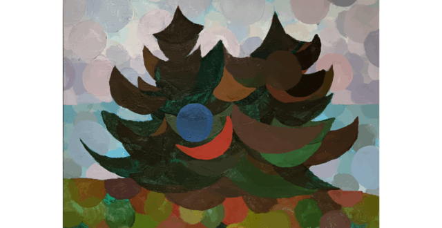 Maalauksen aiheena on pieni kuusikko. kuusten keskelle maalatut tummemmat sininen ympyrä ja punainen puolikuu, jotka tuovat teokseen yllätyksellisyyttä ja leikkisyyttä.