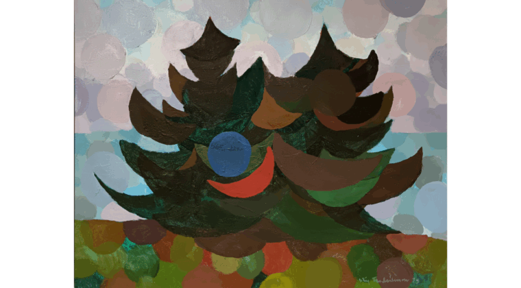 Maalauksen aiheena on pieni kuusikko. kuusten keskelle maalatut tummemmat sininen ympyrä ja punainen puolikuu, jotka tuovat teokseen yllätyksellisyyttä ja leikkisyyttä.