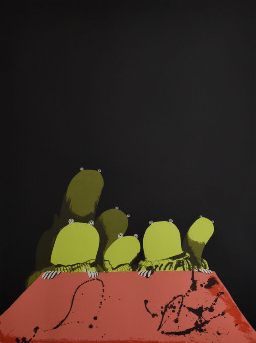 Sammakon kaltaiset otukset kurkkivat mäen takaa.