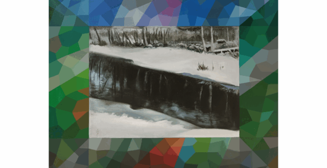 talvinen jokinäkymä rajautuu puolestaan kankaalle maalattuihin leveisiin raameihin, joiden maastokuviomainen väritys ei sulaudukaan maisemaan vaan tekee värikontrasteillaan siitä ristiriitaisen.