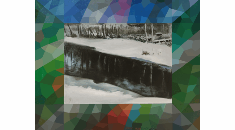 talvinen jokinäkymä rajautuu puolestaan kankaalle maalattuihin leveisiin raameihin, joiden maastokuviomainen väritys ei sulaudukaan maisemaan vaan tekee värikontrasteillaan siitä ristiriitaisen.