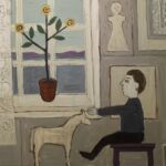 Teoksessa ihmishahmo silittää koiraa, ikkunalaudalla kukkia.