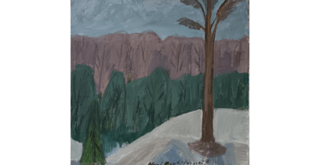 Selkeärajaisia, pelkistettyjä luonnonmuotoja, metsää ja kukkuloita.