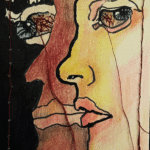 Teoksessa ihmisen kasvojen sivuprofiili.