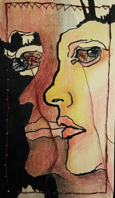 Teoksessa ihmisen kasvojen sivuprofiili.