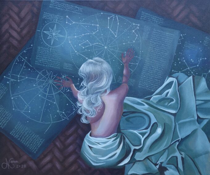 Sinisävyinen maalaus naisesta joka tutkii tähtikartastoa.