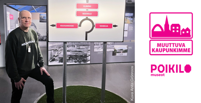 Valokuva Muuttuva kaupunkimme -näyttelystä. Kuvassa Opas Hannu Purho.