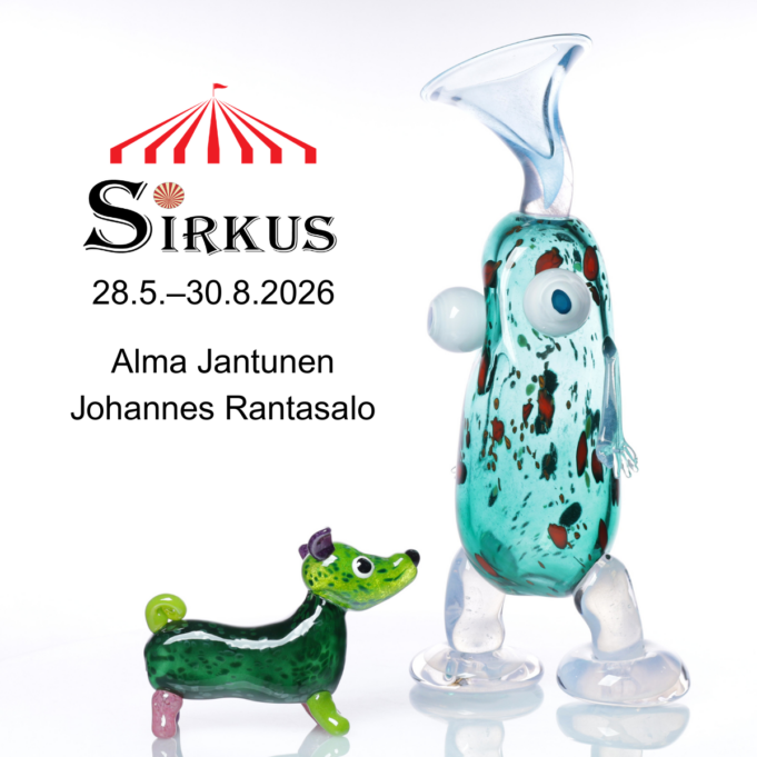 Kaksi leikkisää lasiteosta ja teksti Sirkus.