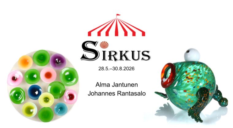 Kaksi lasista tehtyä värikästä teosta ja teksti: Sirkus.
