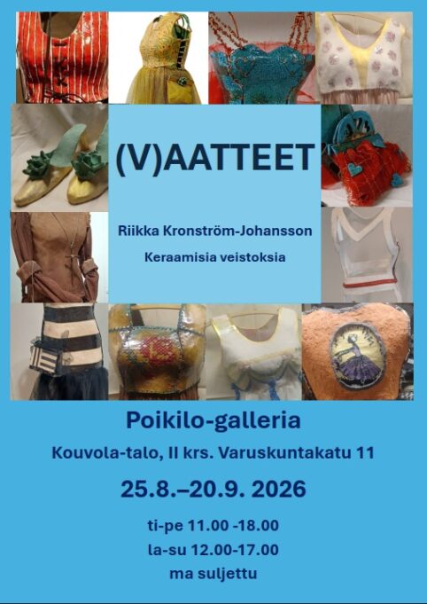 Kuvia keramiikkaveistoksista ja näyttelyn tiedot.